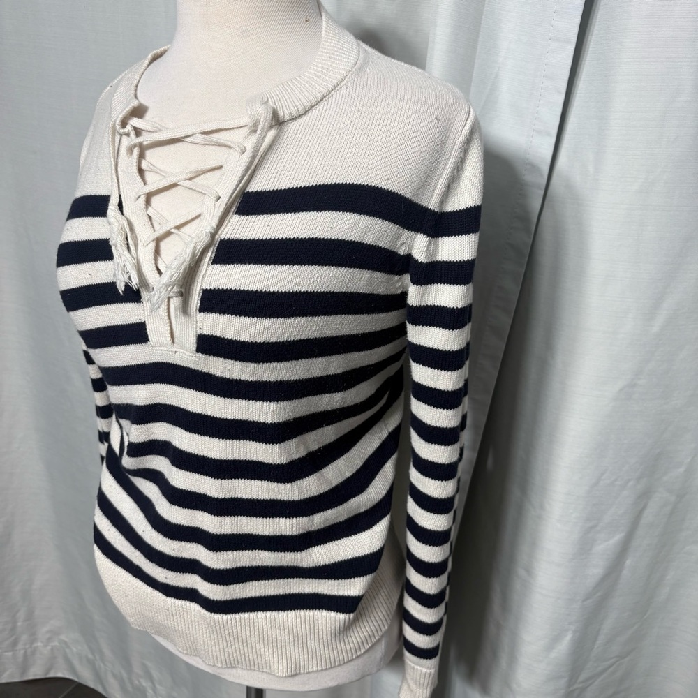 Banana Republic XS Nautical Striped Lace-Up Front Pullover Preppy Coastal Chic - Picture 3 of 6